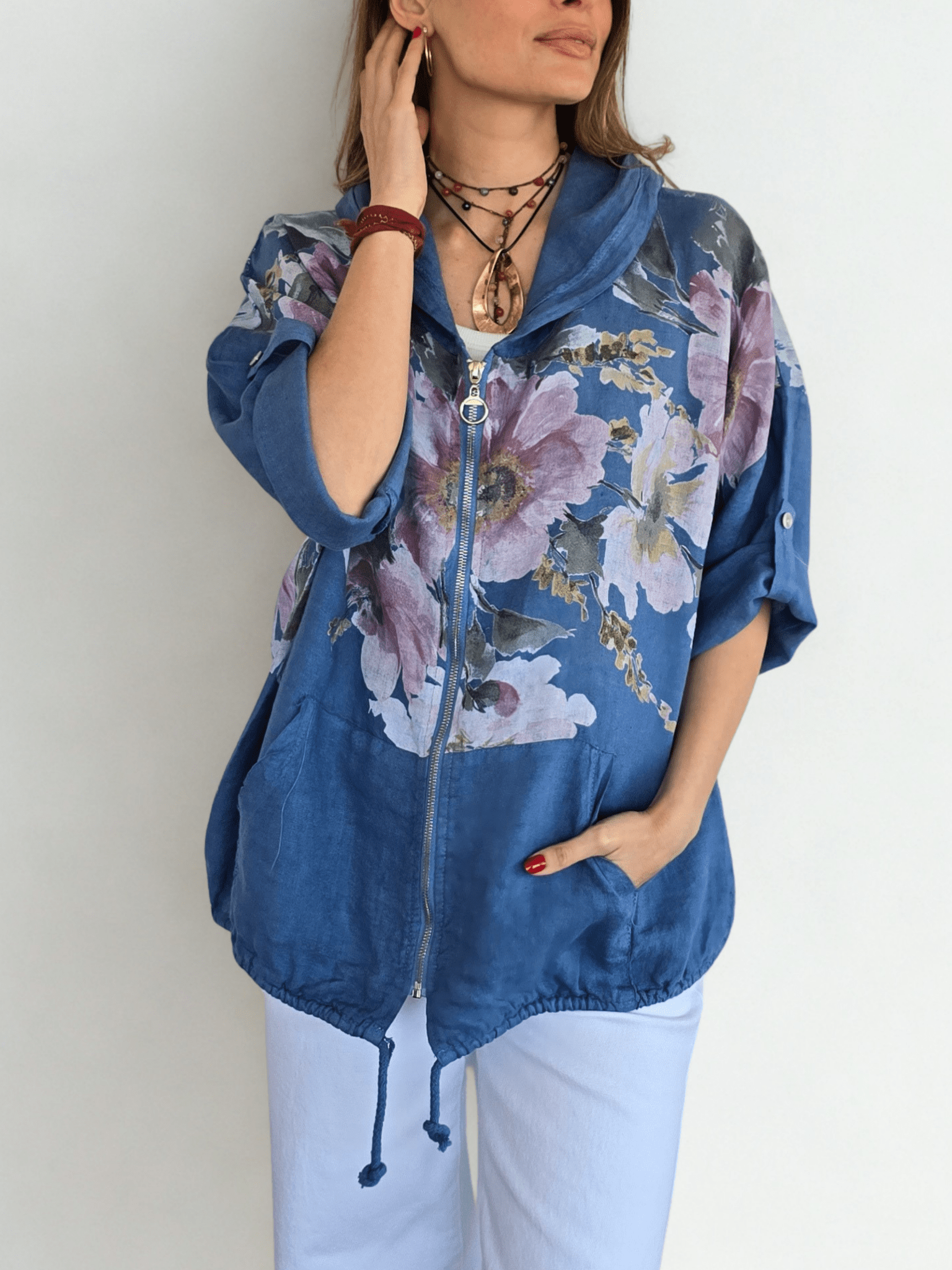 Chaqueta Italiana 100% Lino Estampado, fondo Jacinto