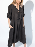 Vestido Italiano 100% Lino Botones, color Chocolate