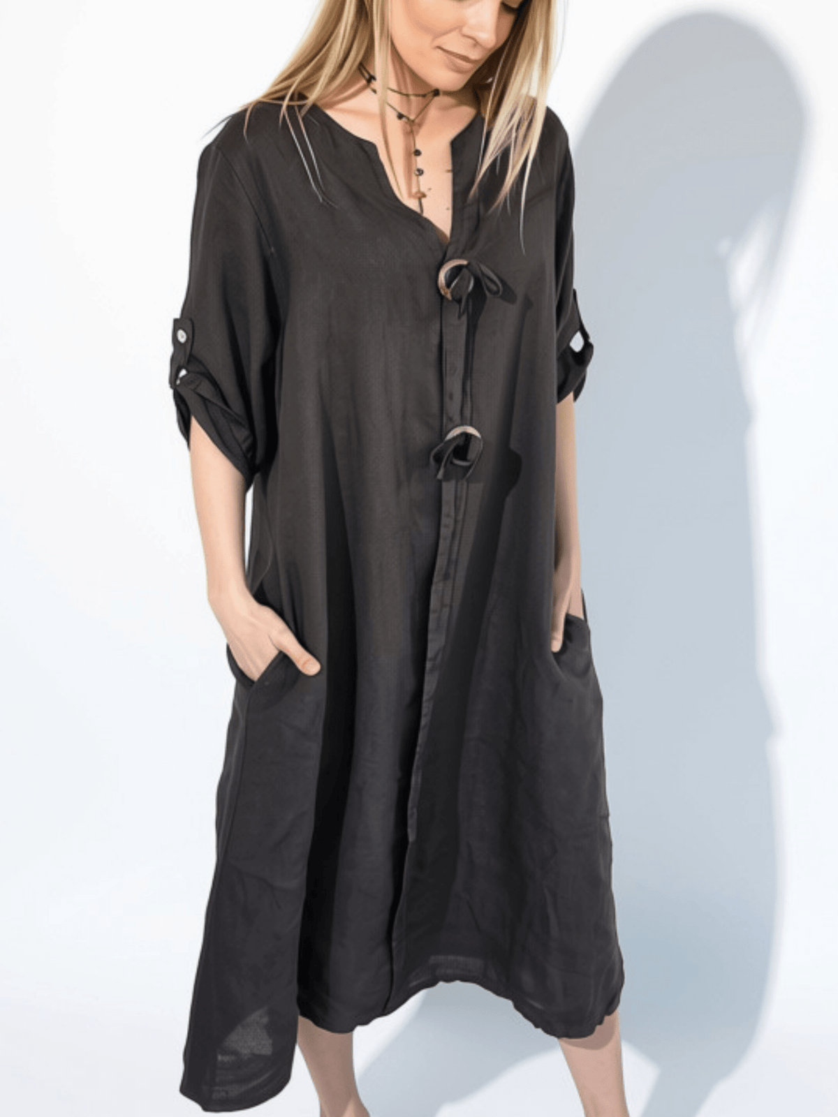 Vestido Italiano 100% Lino Botones, color Chocolate