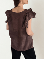 Blusa Italiana 100%Lino Mangas Irregulares, color Chocolate