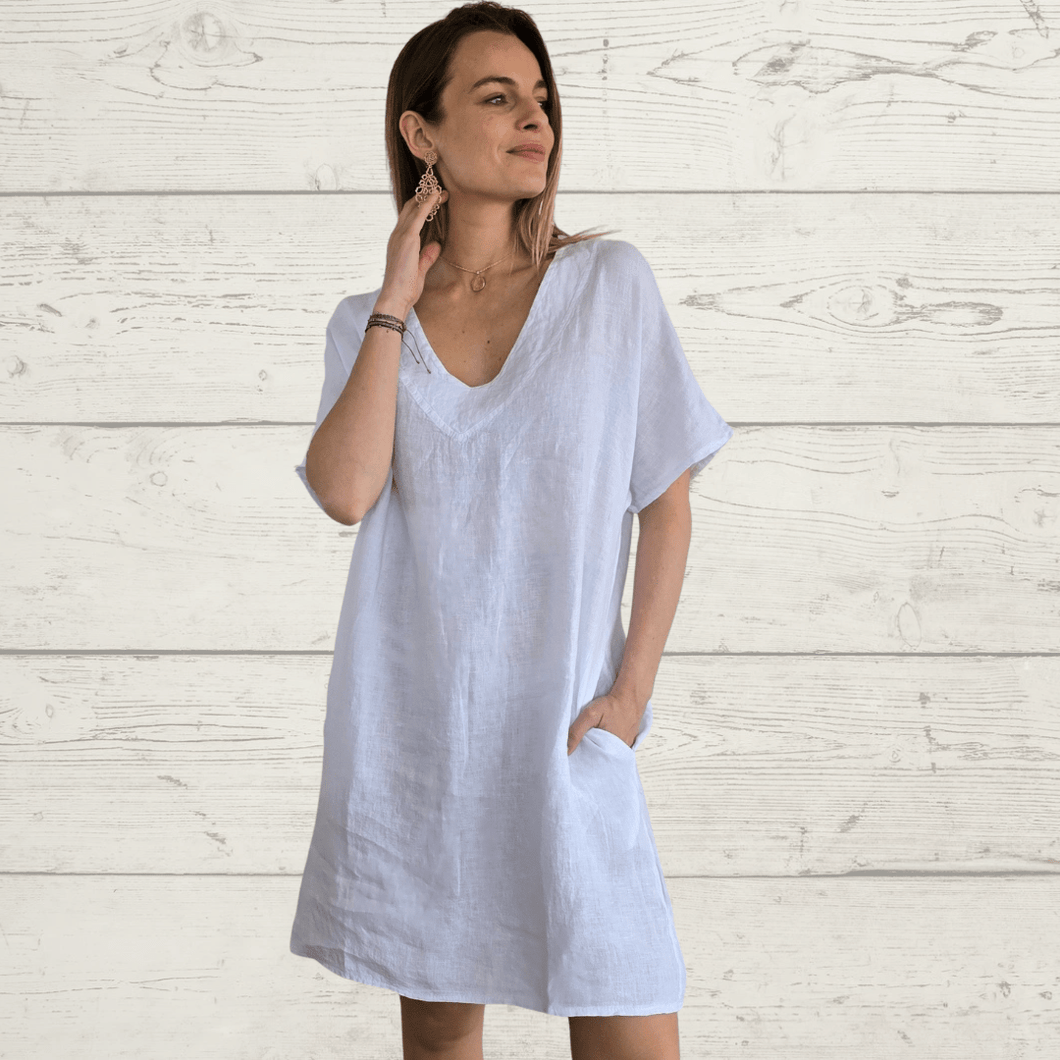 Vestido de lino Italiano escote en V, color Blanco