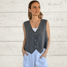 Cargar imagen en el visor de la galería, Blusa Gillette 100% Lino Italiano Rayas, fondo Gris
