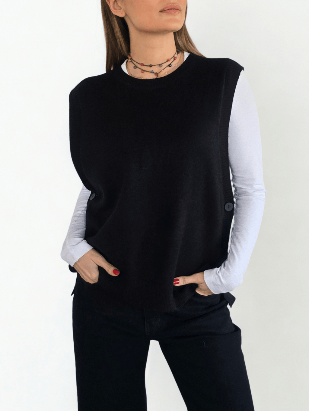 Sweater sin mangas Botones, color Negro