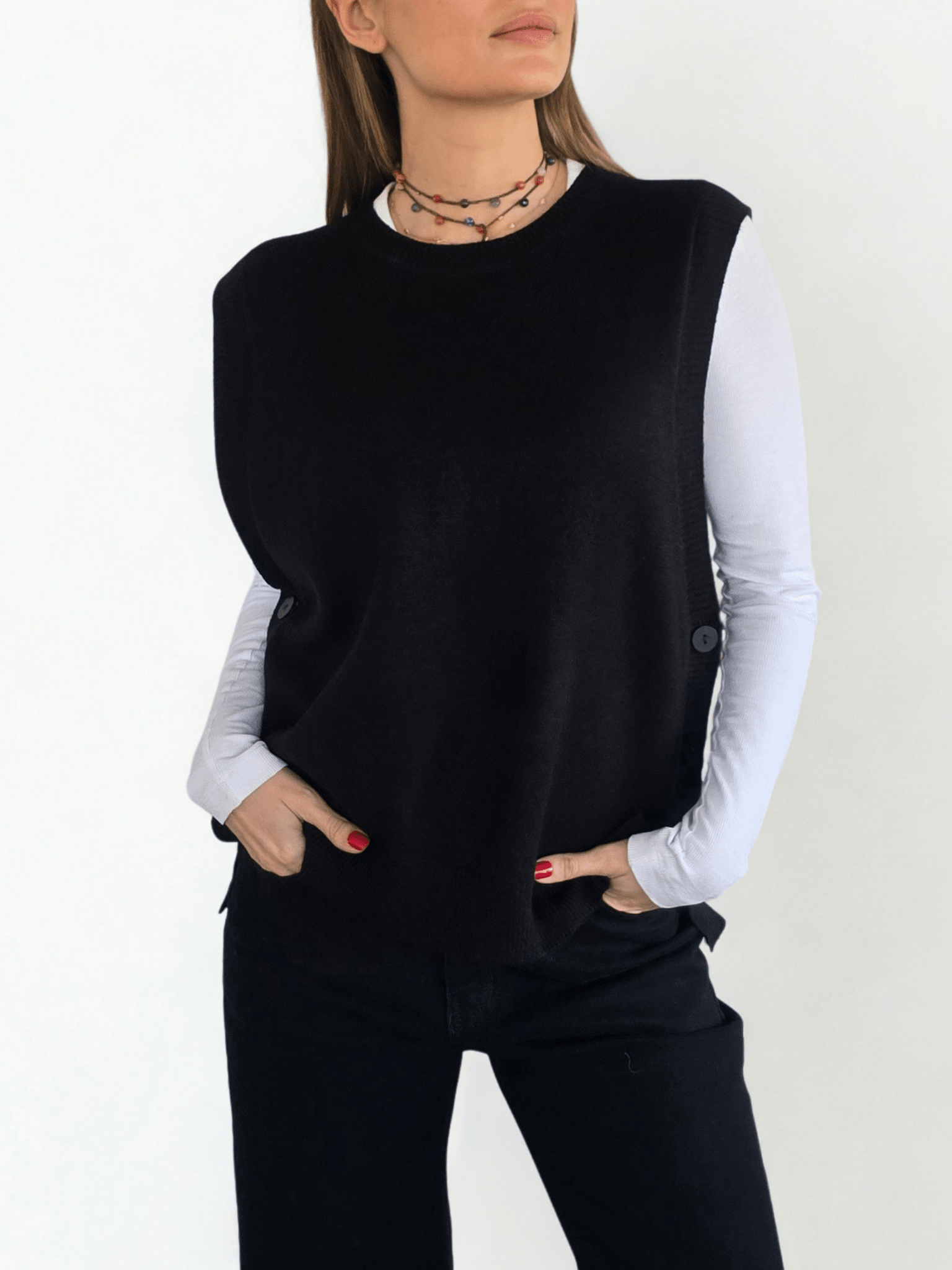 Sweater sin mangas Botones, color Negro