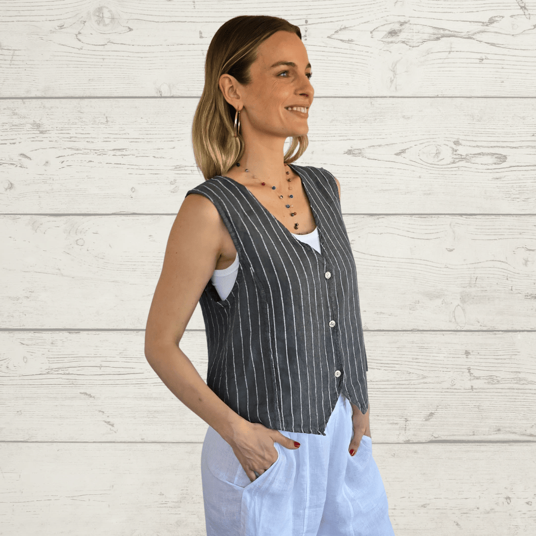 Blusa Gillette 100% Lino Italiano Rayas, fondo Gris