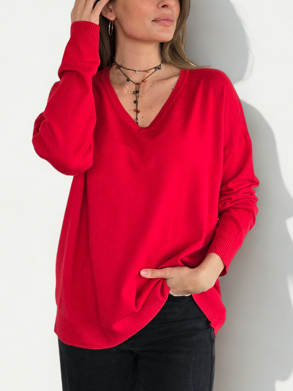Sweater Escote en V, color Rojo