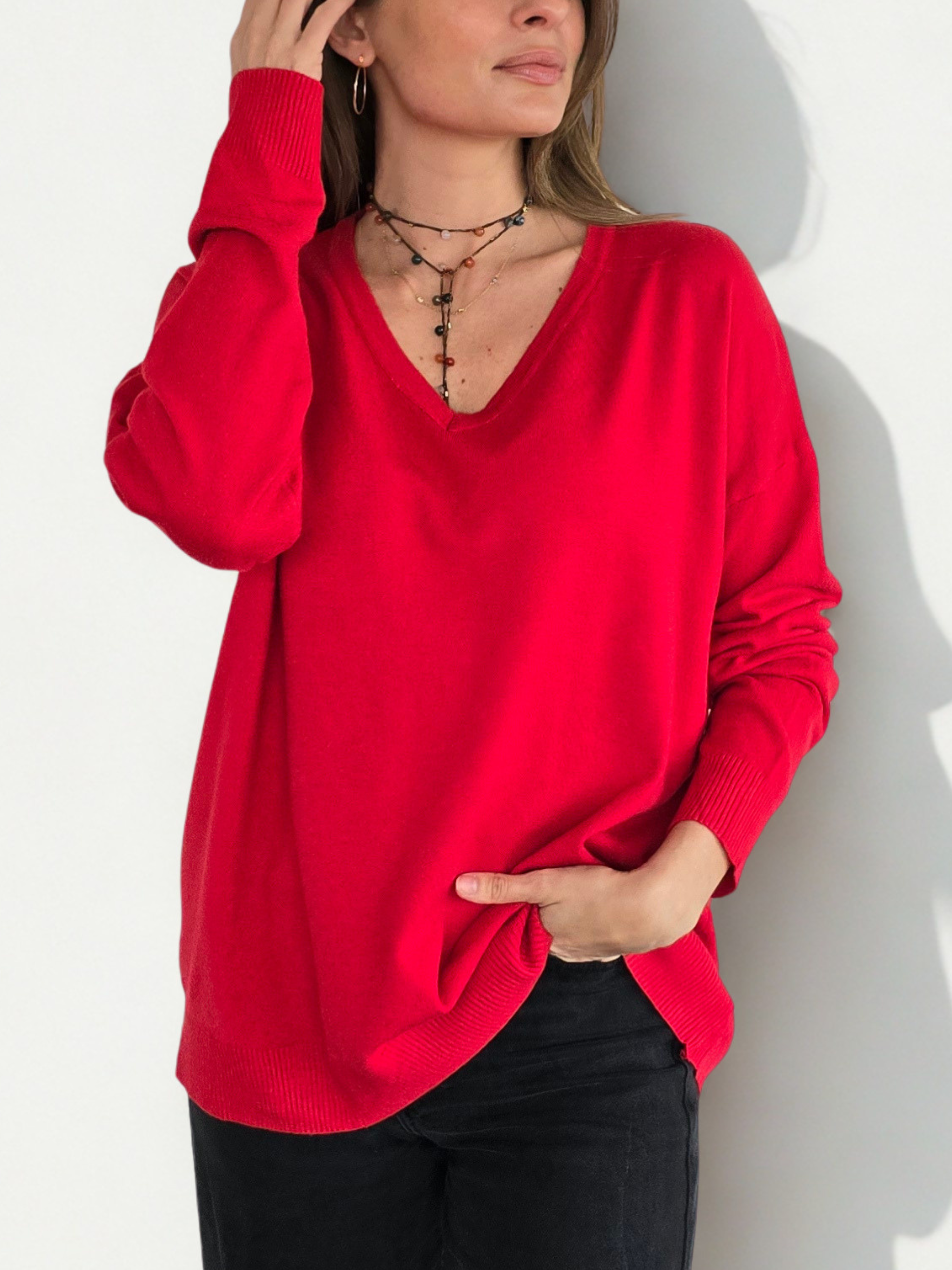 Sweater Escote en V, color Rojo