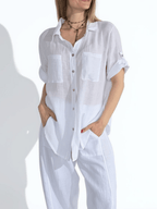 Blusa Italiana 100% Lino dos Bolsillos, color Blanco