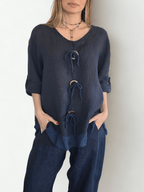 Blusa Italiana 100% Lino con tres Botones, color Azul