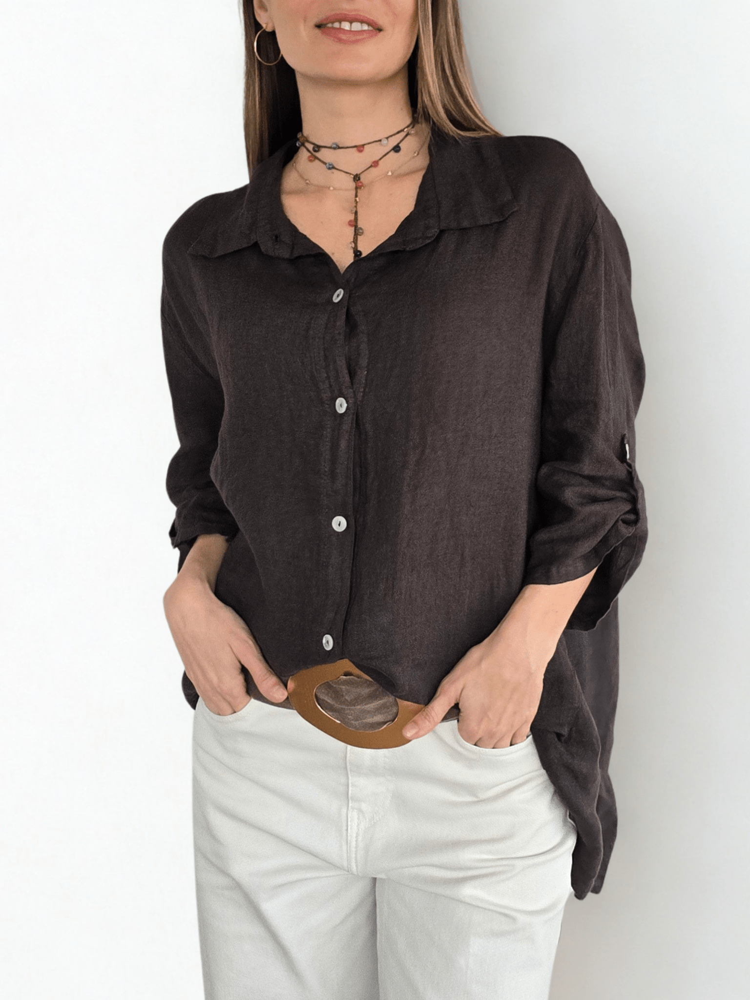 Blusa Italiana 100% lino Ancha, color Café