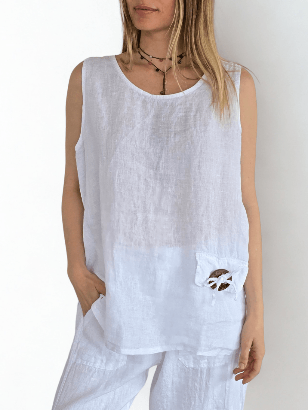 Blusa 100% Lino Italiano Botón, color Blanco
