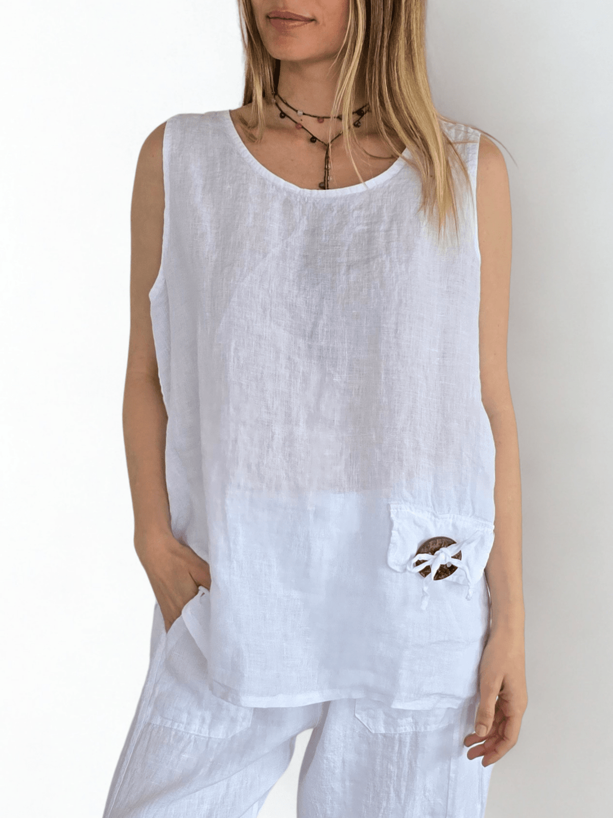Blusa 100% Lino Italiano Botón, color Blanco