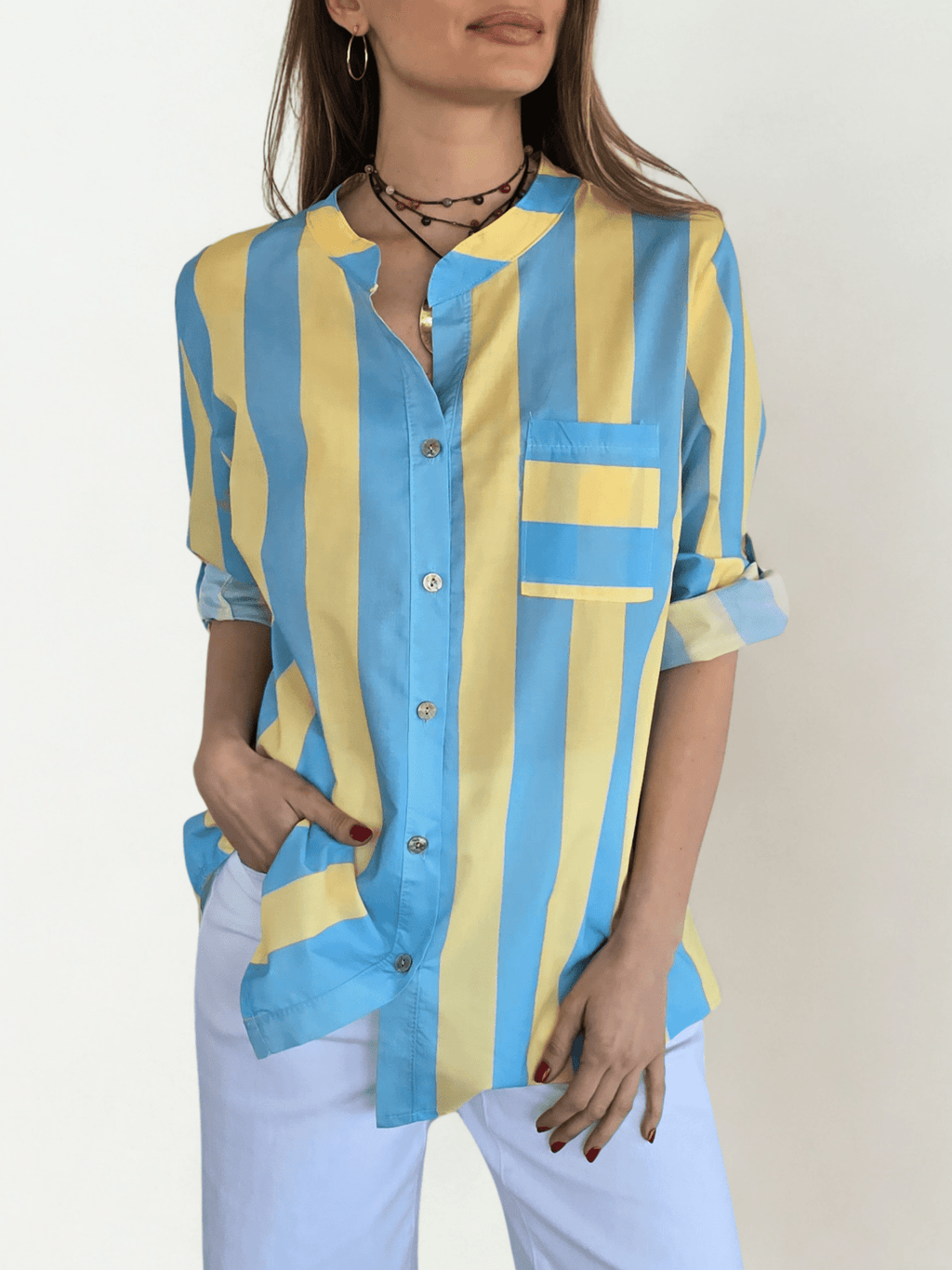 Blusa Italiana Rayada un Bolsillo, color Celeste con Amarillo