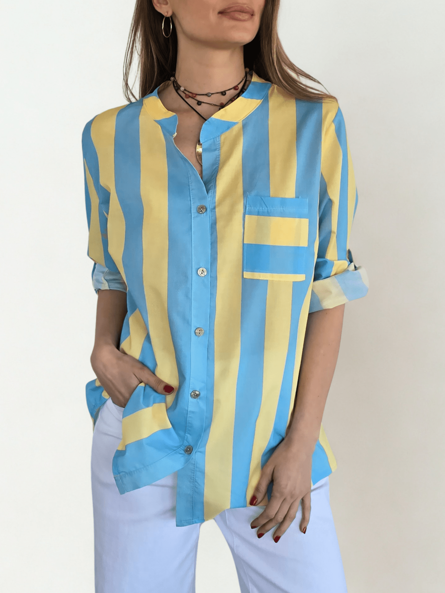 Blusa Italiana Rayada un Bolsillo, color Celeste con Amarillo