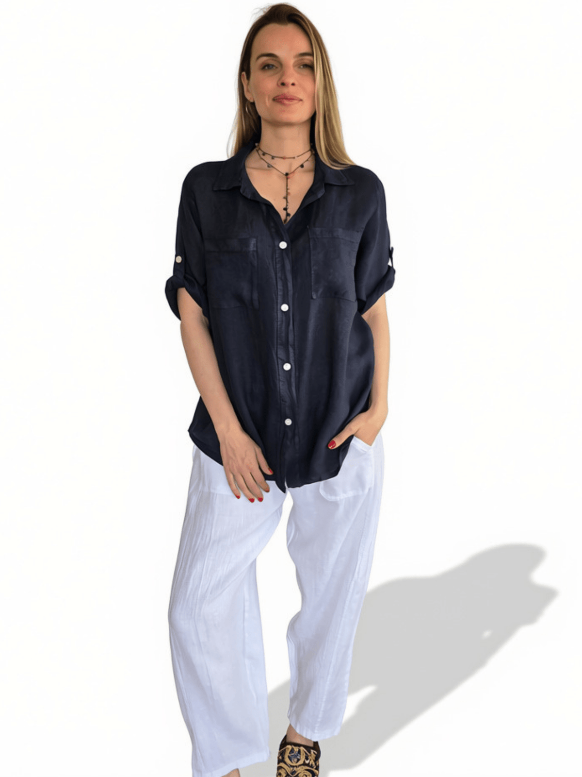 Blusa Italiana 100% Lino dos Bolsillos, color Azul Marino