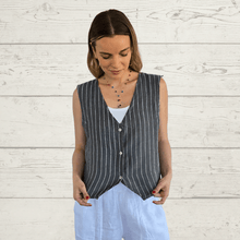 Cargar imagen en el visor de la galería, Blusa Gillette 100% Lino Italiano Rayas, fondo Gris
