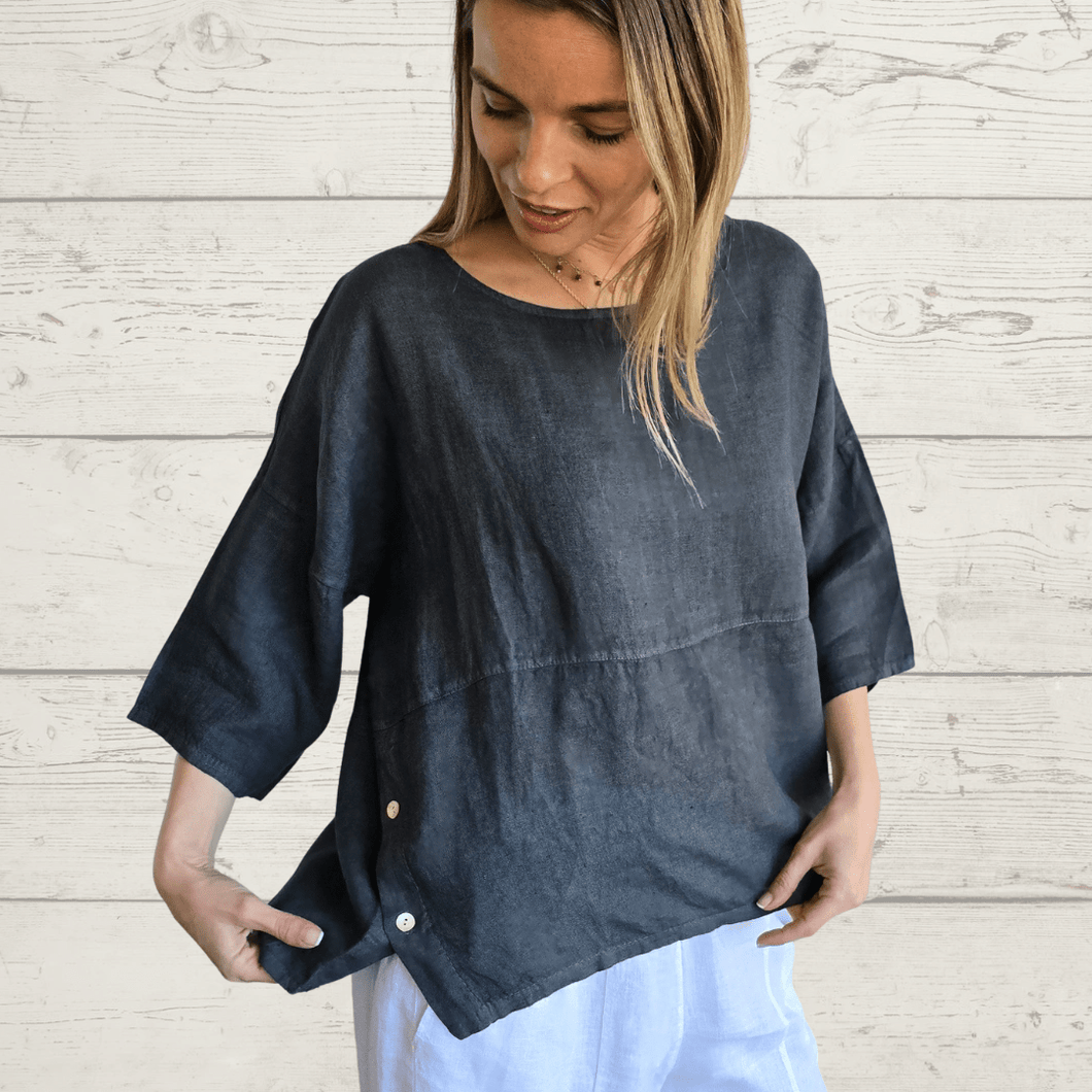Blusa 100% Lino Italiano con botones a los lados, color Gris