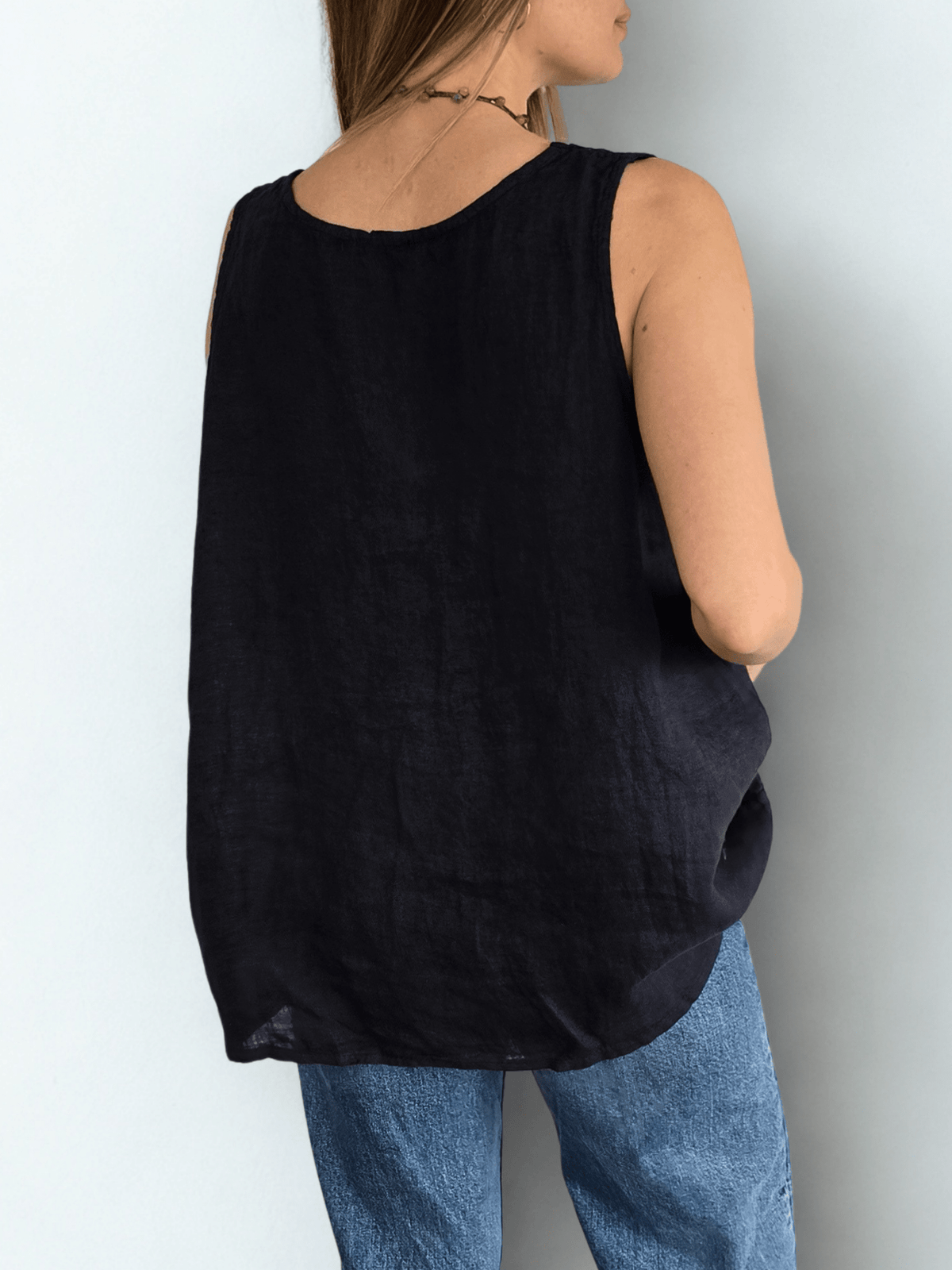 Blusa 100% Lino Italiano Botón, color Azul Marino