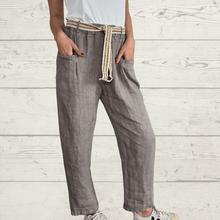 Cargar imagen en el visor de la galería, Pantalón 100% Lino Italiano lazo cintura, color Taupe
