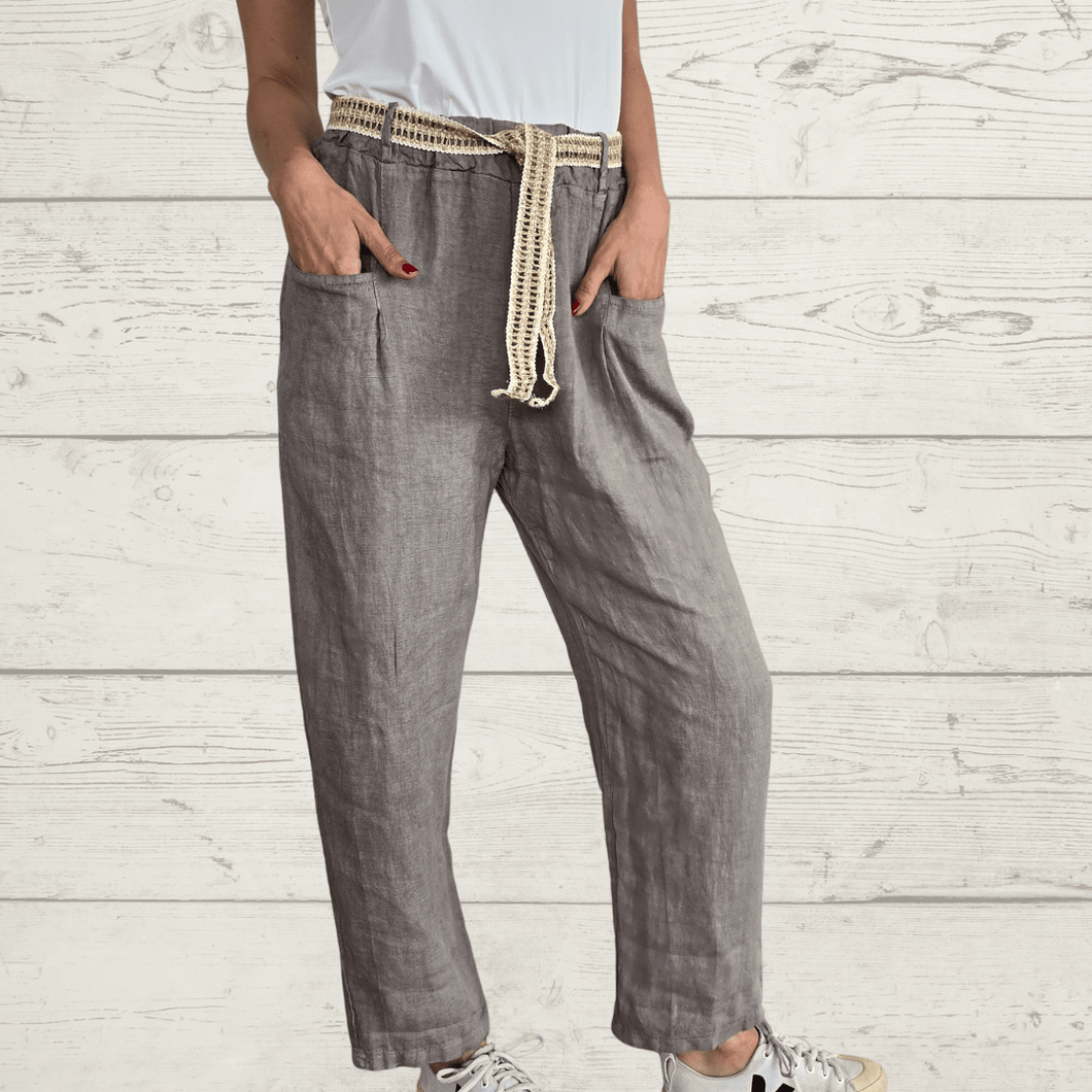 Pantalón 100% Lino Italiano lazo cintura, color Taupe