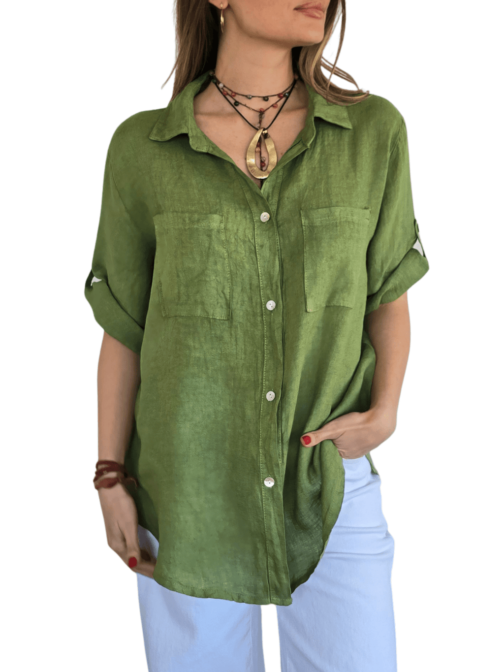 Blusa Italiana 100% Lino dos Bolsillos, color Pistacho