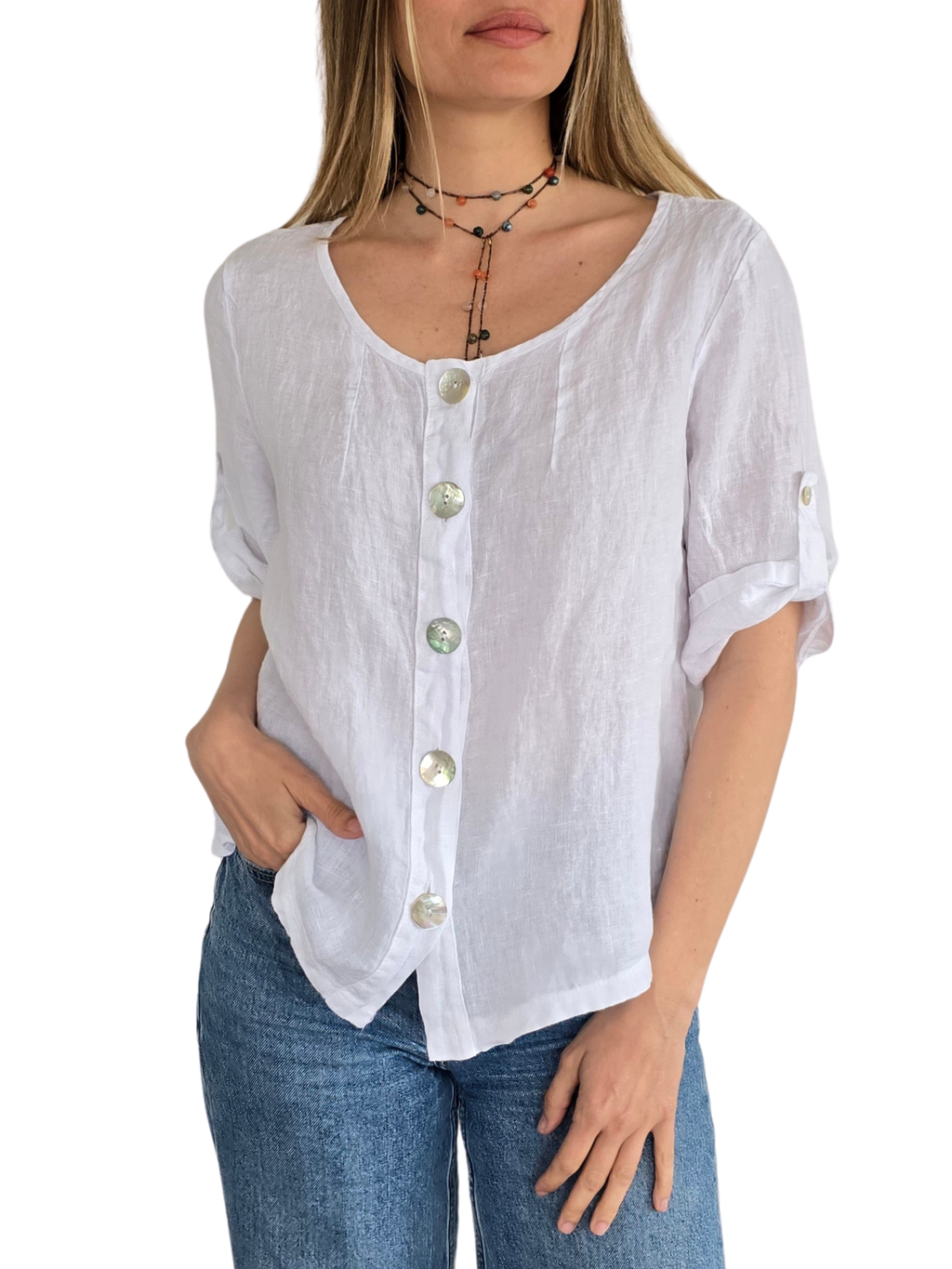 Blusa Italiana 100% Lino Botones, color Blanco