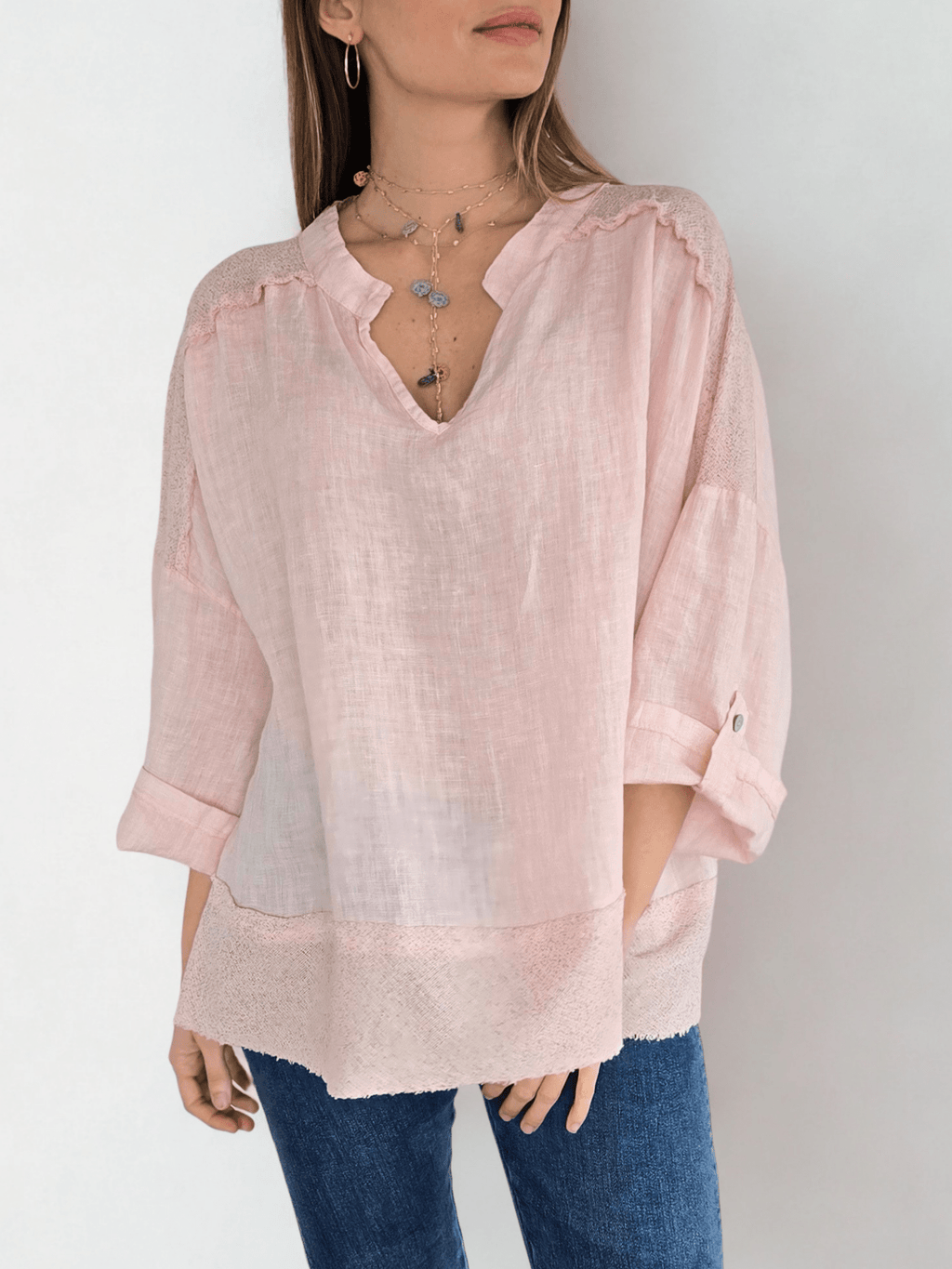 Blusa 100%Lino Italiano escote en V, color Rosado