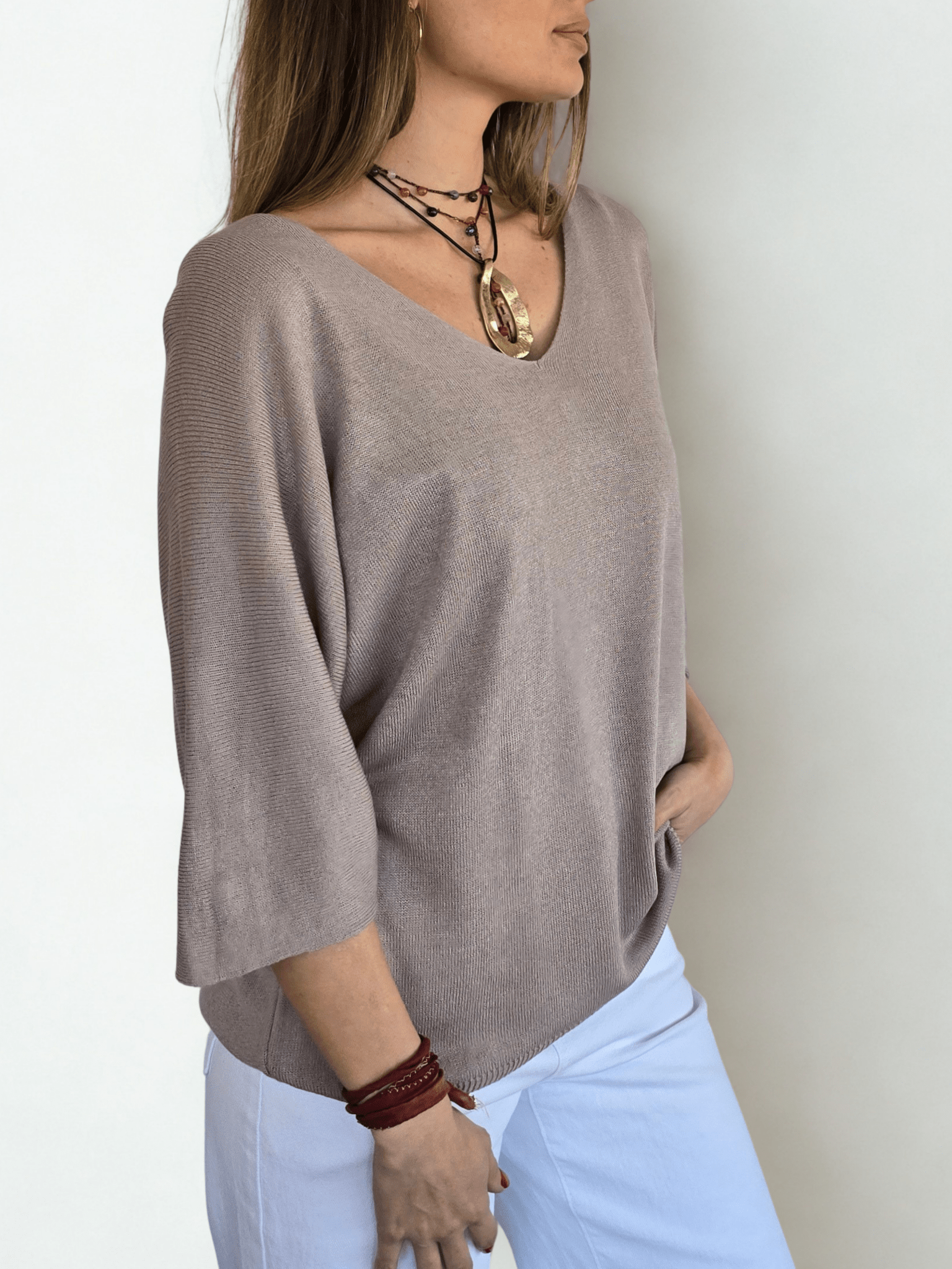 Sweater Italiano Manga 3/4, color Taupe