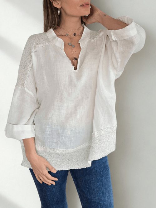 Blusa Italiana 100% Lino escote en V, color Blanco