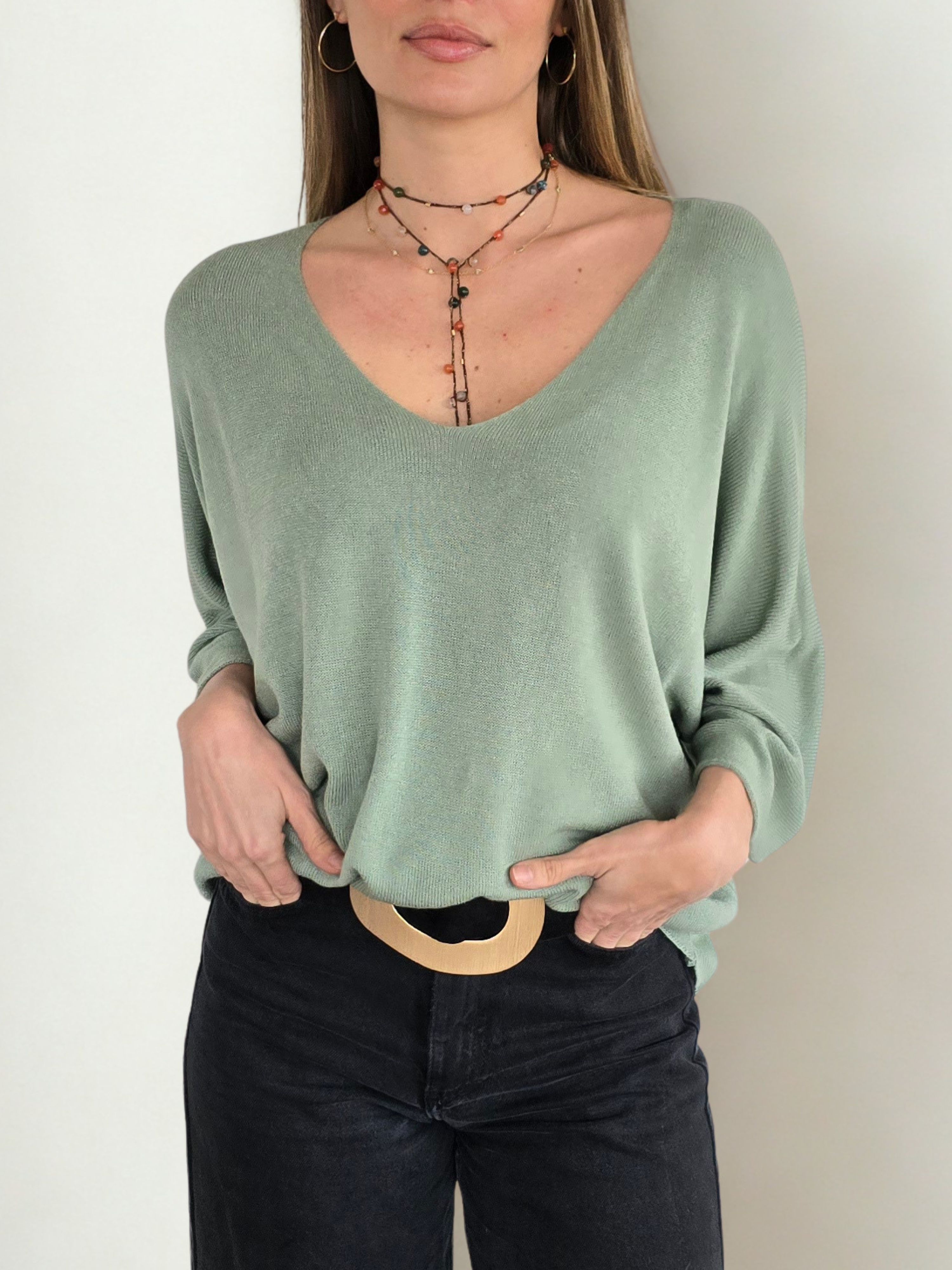 Sweater Italiano Escote en V, color Verde Menta