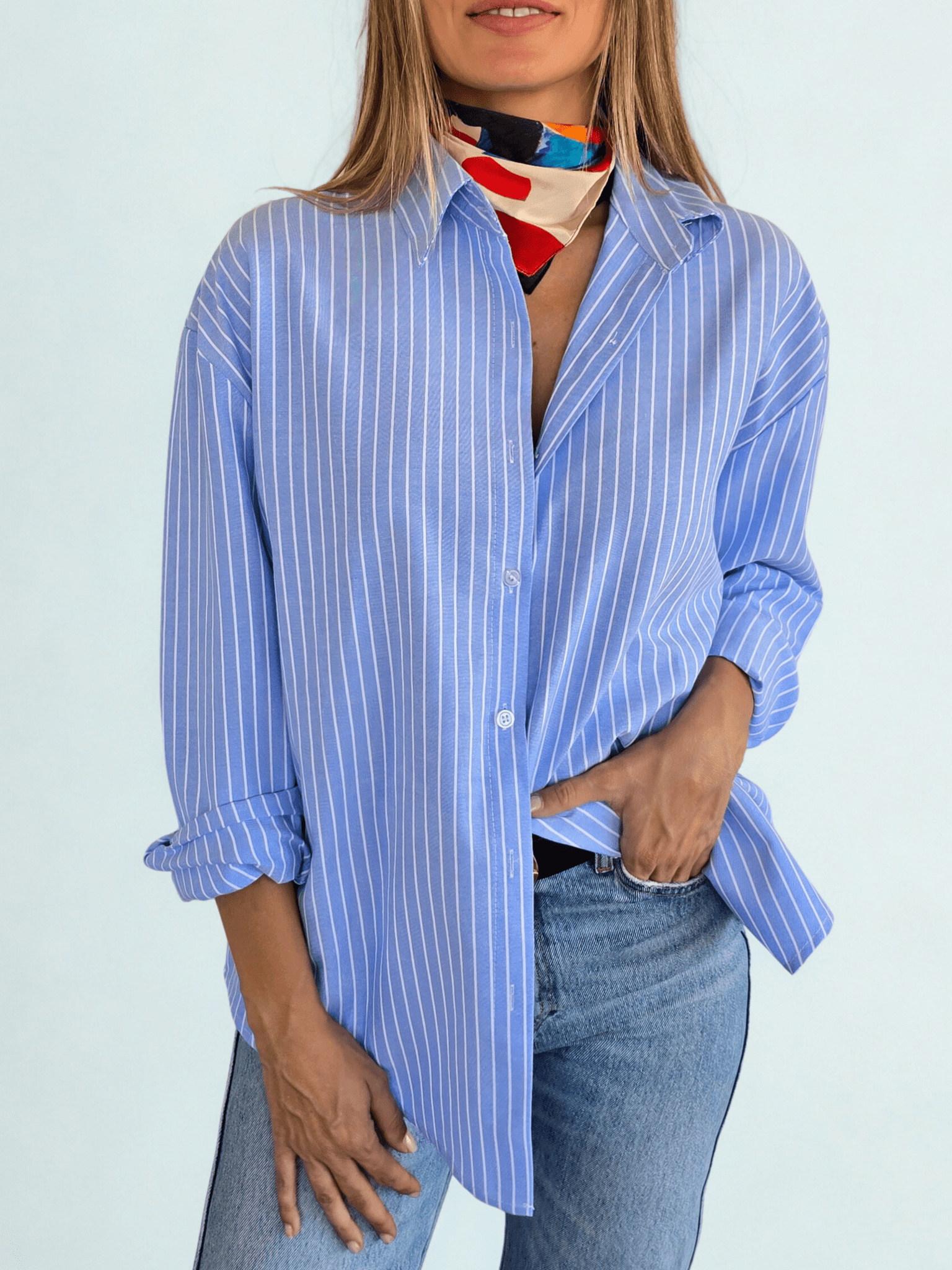 Blusa Rayada, color Celeste con Blanco