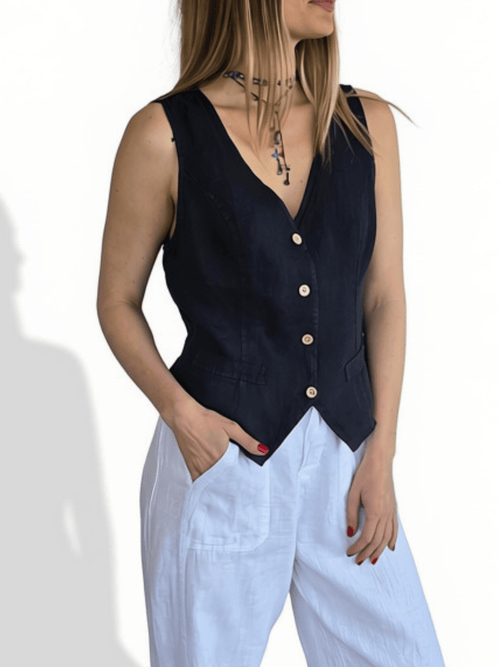 Blusa Gillette Italiano 100% Lino, color Azul Marino