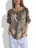 Blusa Italiana Estampada 100% Lino, fondo Taupe