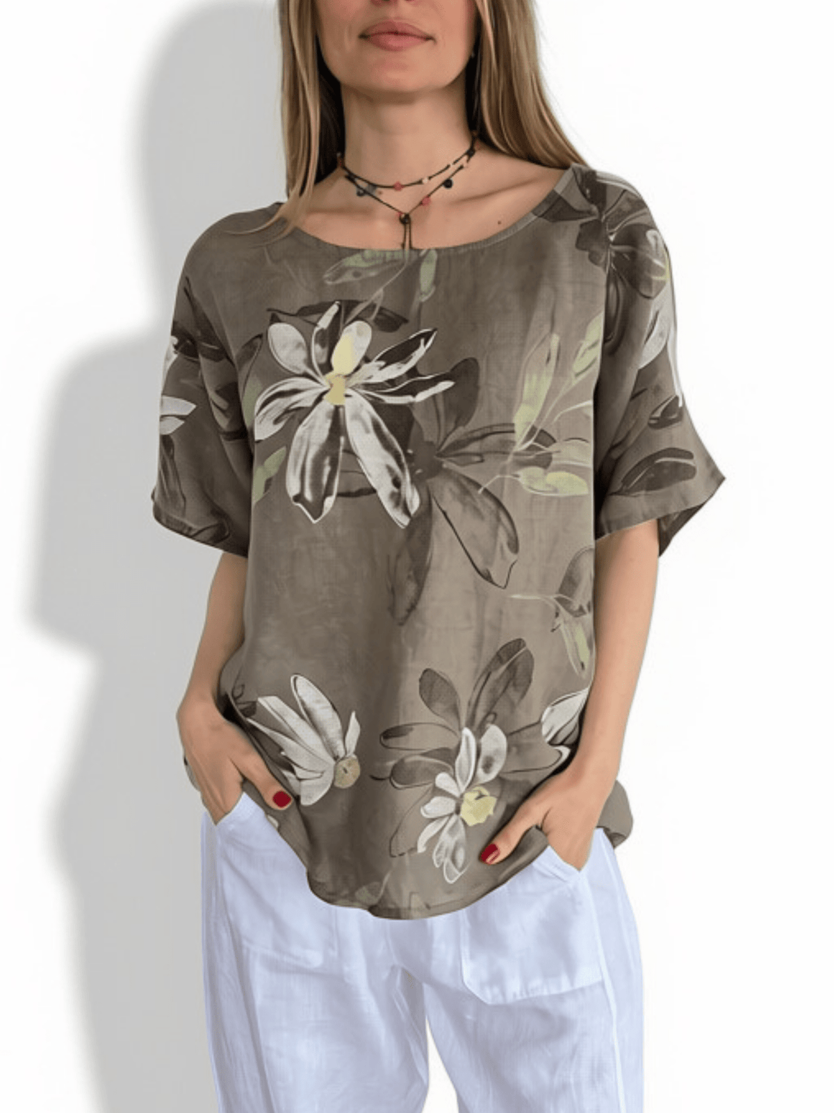 Blusa Italiana Estampada 100% Lino, fondo Taupe