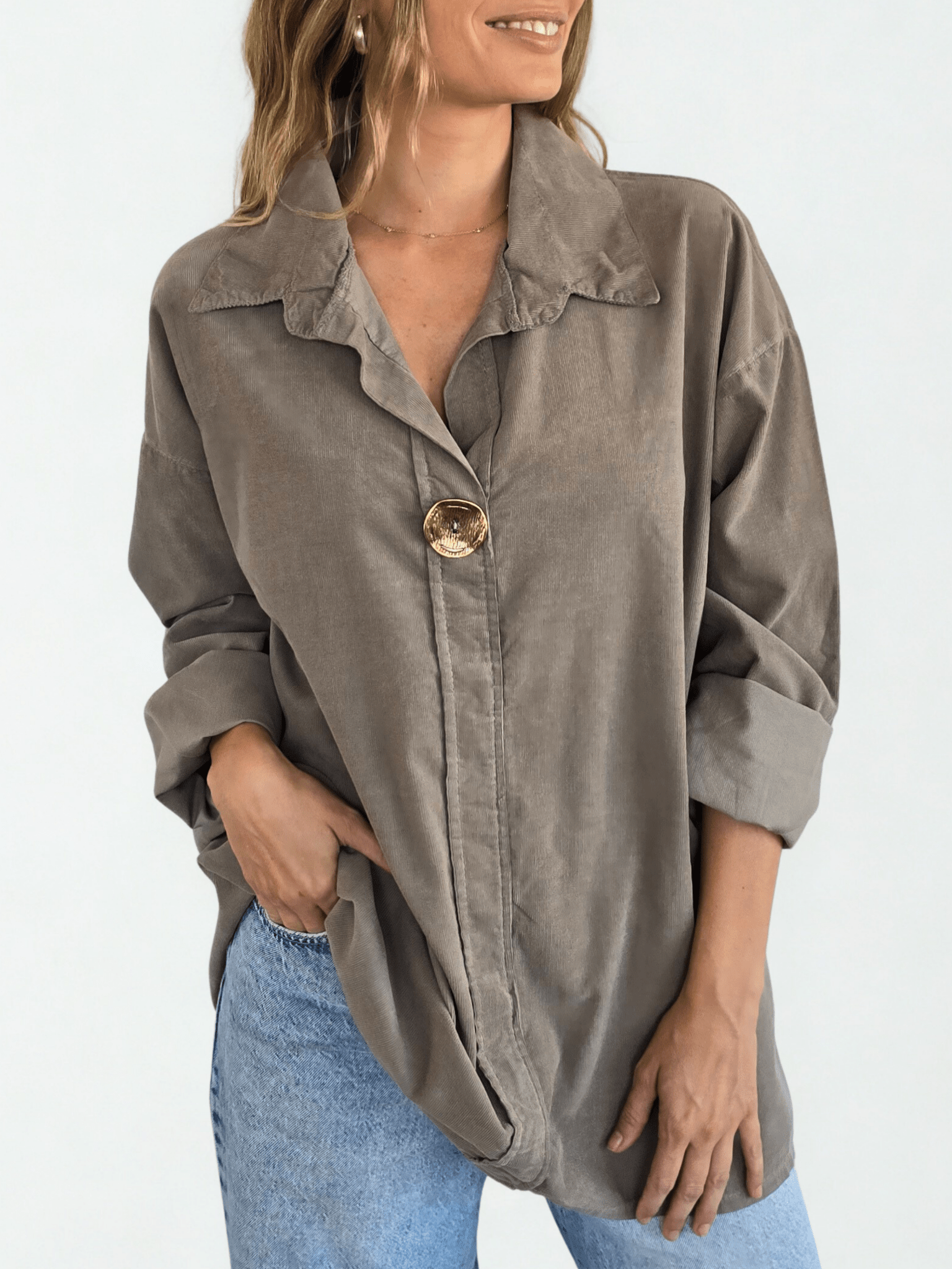 Blusa Italiana Cotelé mil rayas un botón, color Taupe