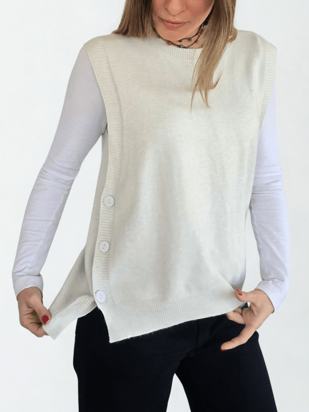 Sweater sin mangas Botones, color Blanco Invierno