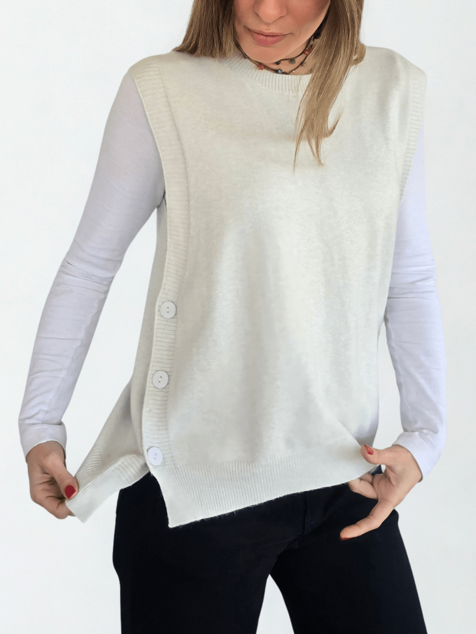 Sweater sin mangas Botones, color Blanco Invierno