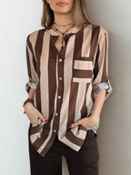 Blusa Italiana Rayada un Bolsillo, color Chocolate con Beige