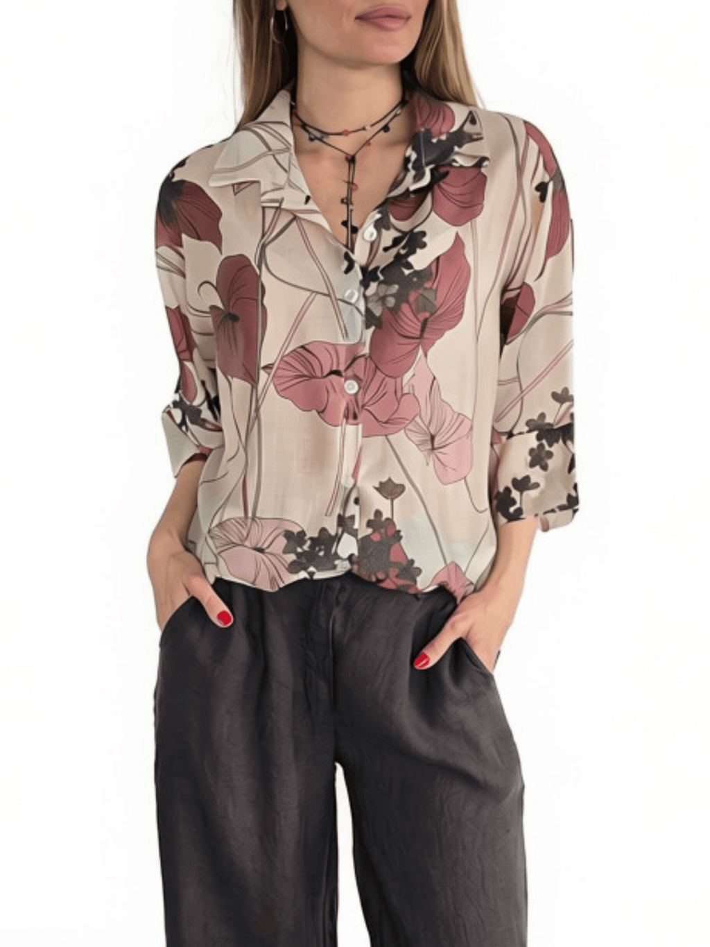 Blusa Italiana Estampado Flores, fondo Beige