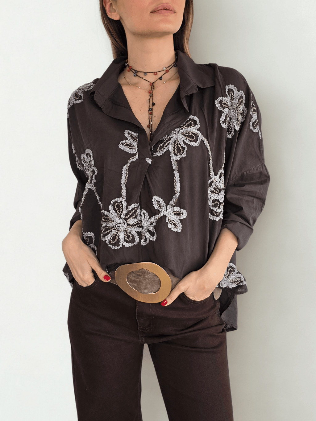 Blusa Italiana Bordada, color Chocolate