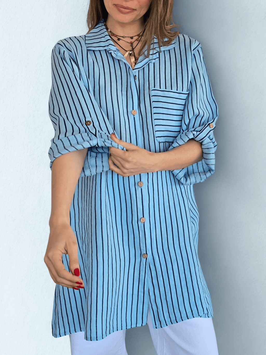 Blusa/Vestido Italiano 100% Lino Rayado, fondo Celeste