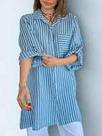 Blusa/Vestido Italiano 100% Lino Rayado, fondo Celeste
