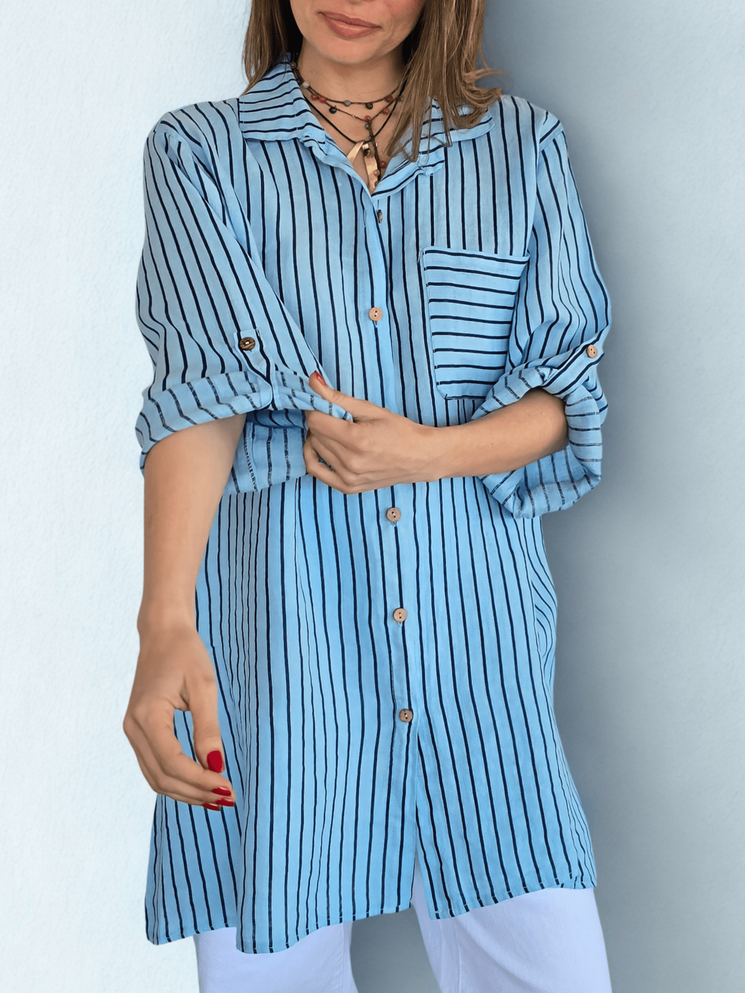 Blusa/Vestido Italiano 100% Lino Rayado, fondo Celeste