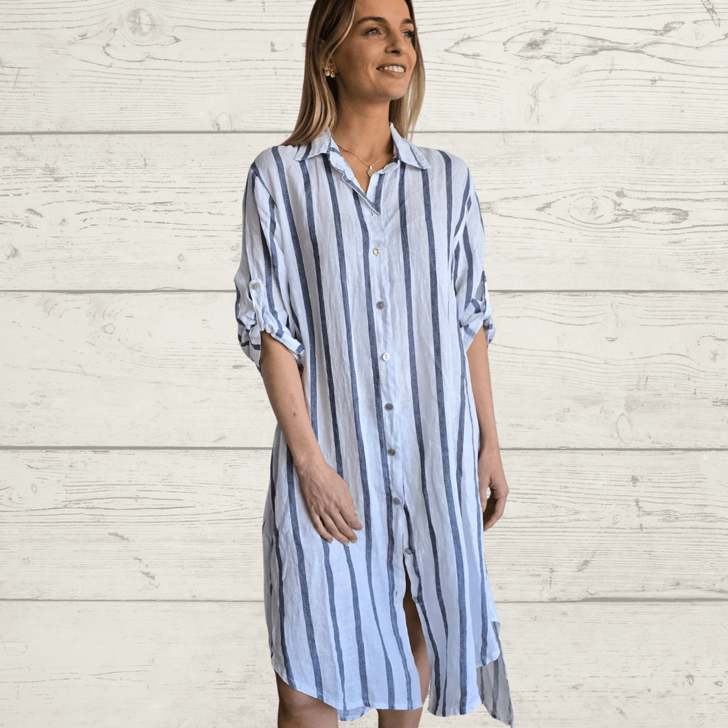 Vestido 100% Lino Italiano rayado, color Blanco con Azul