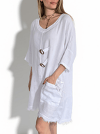 Vestido Italiano 100% Lino dos Botones, color Blanco