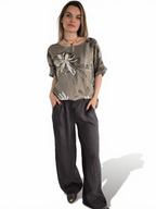 Blusa Italiana Estampada 100% Lino, fondo Taupe