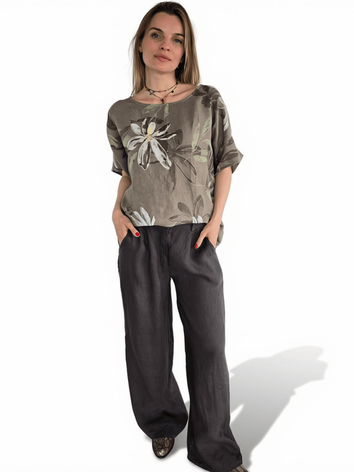 Blusa Italiana Estampada 100% Lino, fondo Taupe