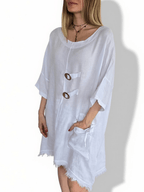 Vestido Italiano 100% Lino dos Botones, color Blanco