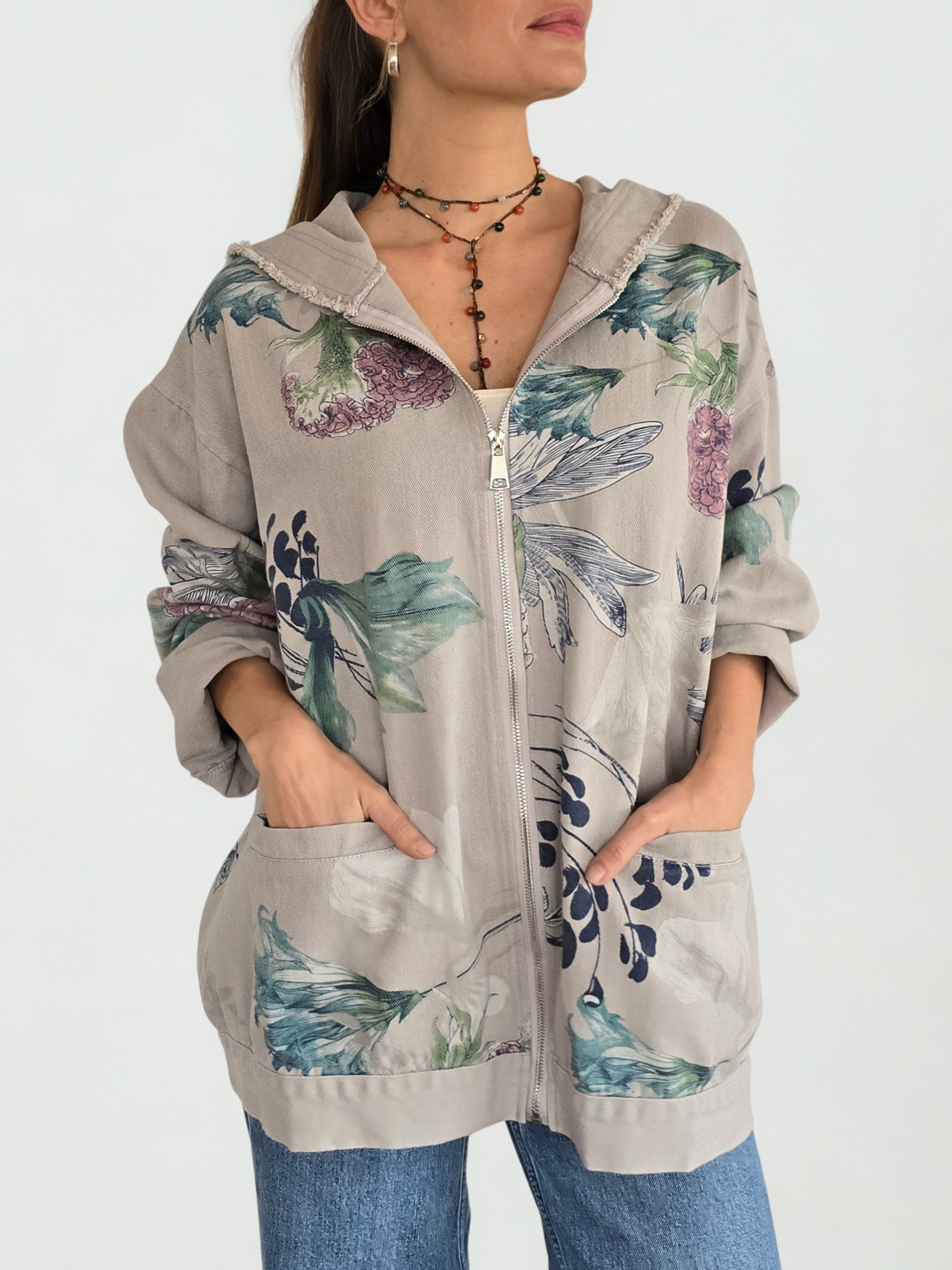 Chaqueta de Jeans Estampada, fondo Gris