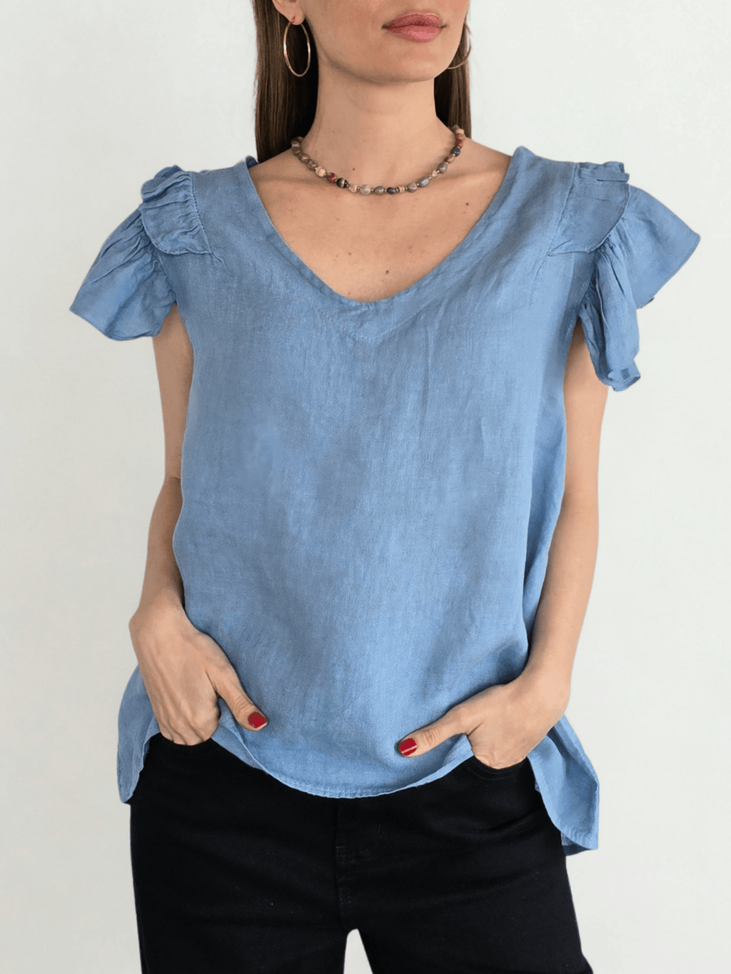 Blusa Italiana 100% Lino Mangas Irregulares, color Celeste